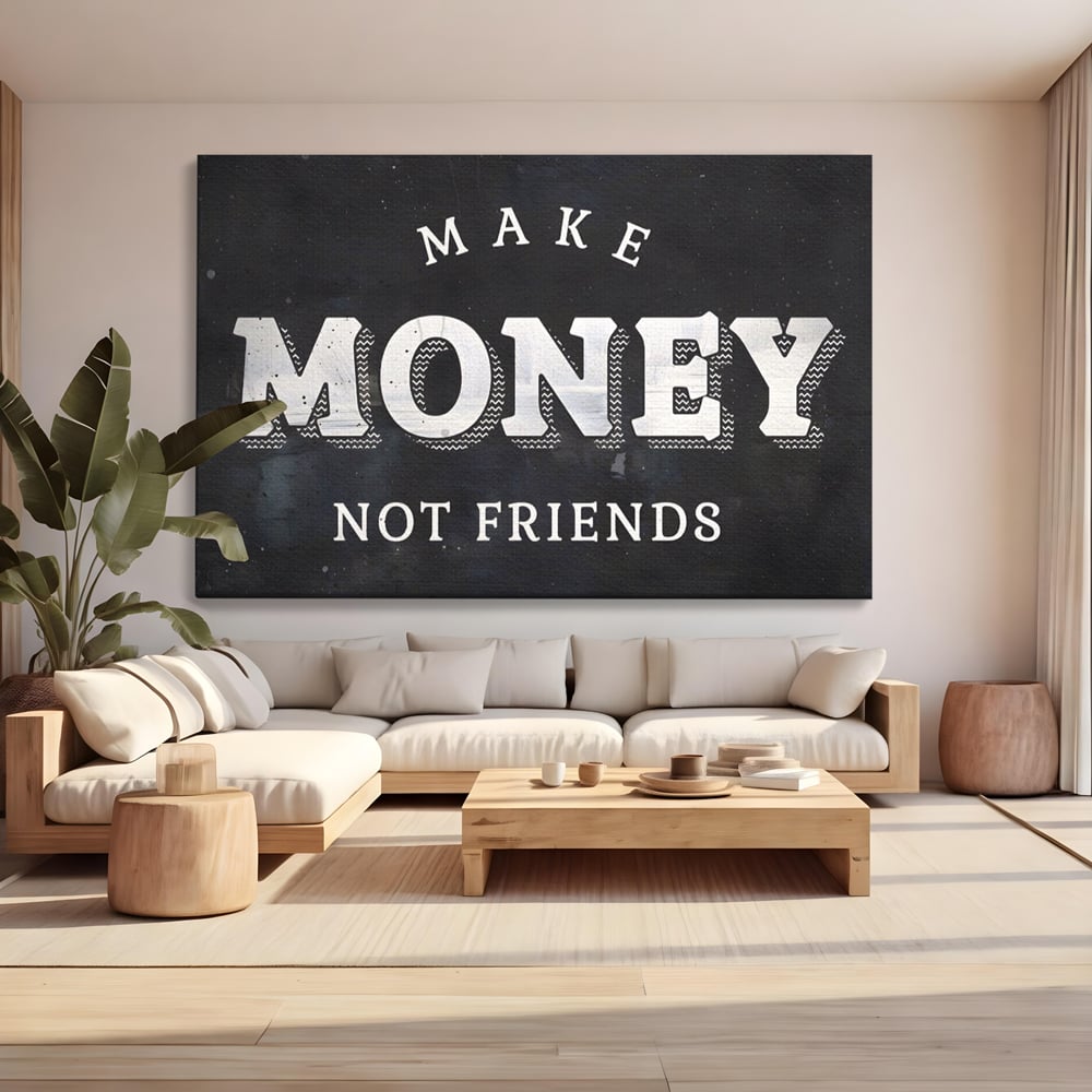 Tablou canvas cu tablou canvas cu mesaj motivational, fara rama, pe sasiu de lemn, pe perete intr-un living